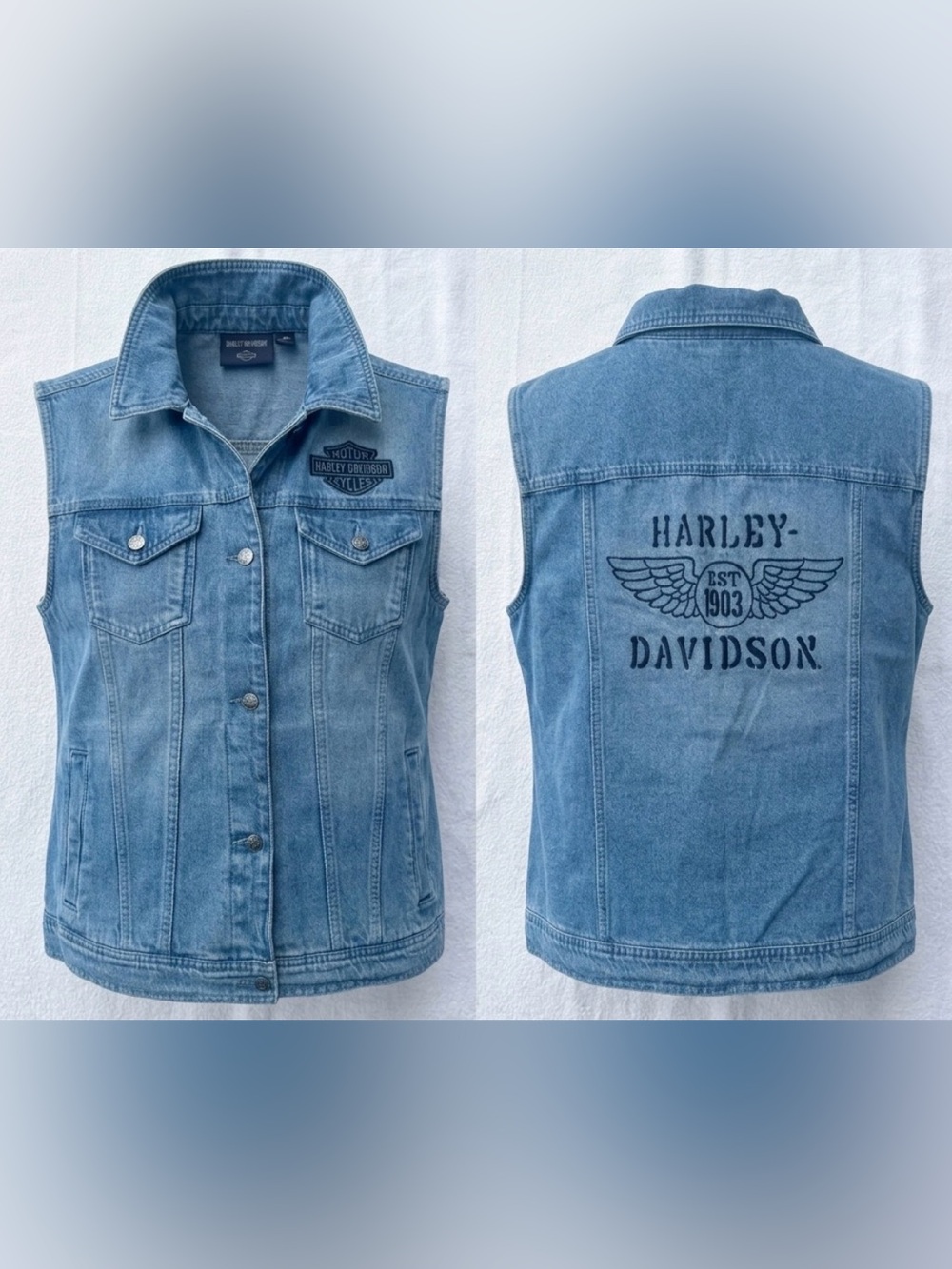 Harley-Davidson Women's Kickstart Denim Vest Light Wash Blue Size L Embroided